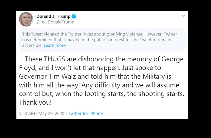 lootshoot Twitter hides Trump tweet for 'glorifying violence' as social media row escalates